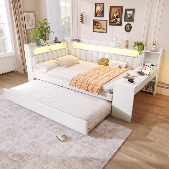 Lit gigogne adulte 140x200/90x190 cm avec compartiments de rangement LED USB et bureau MDF Blanc
