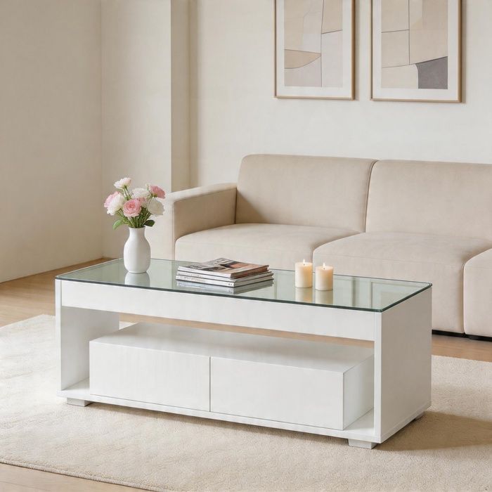 Table basse - 100x50x40 cm - 2 tiroirs - Bandes LED contrôlables via application - Plateau verre trempé laqué blanc