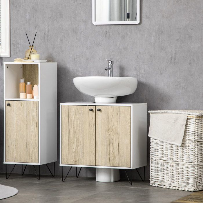 MOTHINESSTO5173-Meuble sous lavabo meuble de salle de bain avec 2 portes pieds en acier 60 x 30 x 60 cm blanc et bois naturel