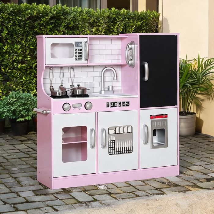 Cuisine jouet en bois rose 83.8 cm avec ardoise téléphone machine à glaçons et ustensiles
