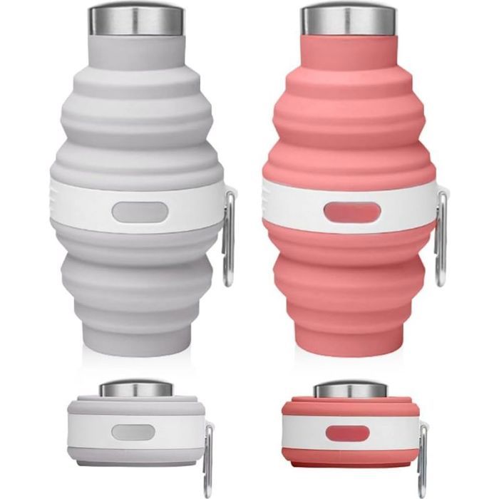 Bouteille eau pliable 2 en 1 silicone souple sans BPA anti-fuite avec mousqueton – idéale voyage & camping (rose/gris)