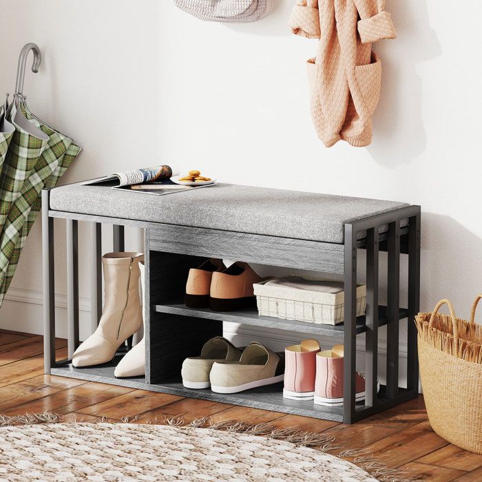Meuble à chaussures avec banc - Banc 3 niveaux - Gris - Coussin 5 cm - Capacité 129 kg