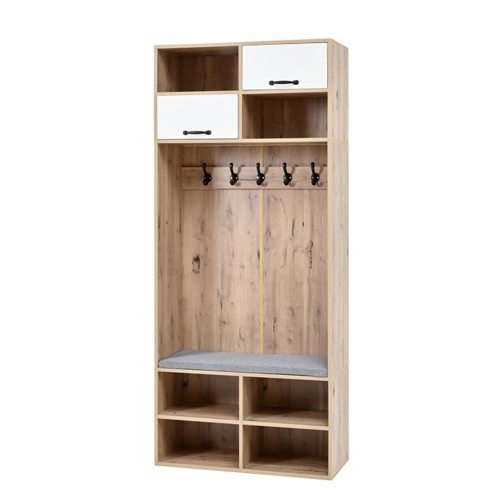 Meuble dentrée avec banc à chaussures – 5 crochets 2 portes rangement ouvert – Blanc naturel