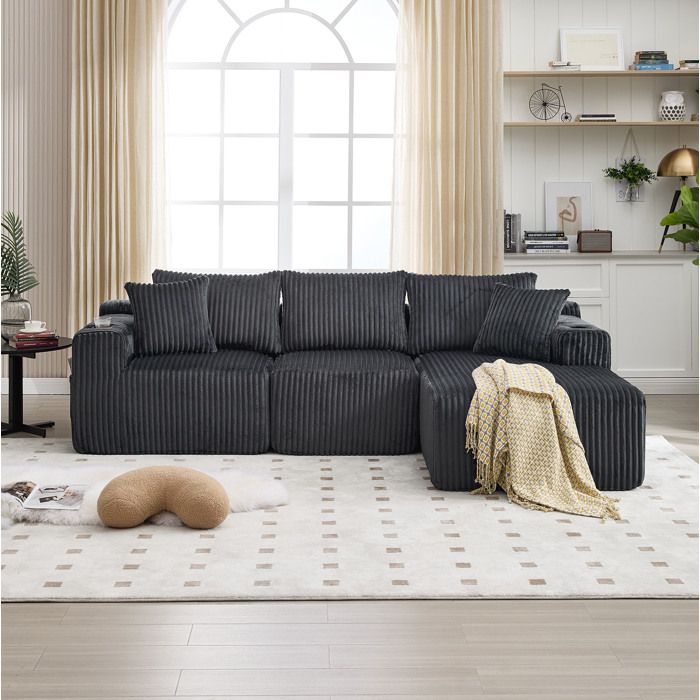 Canapé d’angle modulable 3 places avec méridienne en velours côtelé gris 5 coussins porte-gobelet