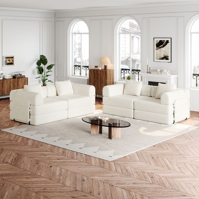 COVREO Canapé-lit convertible 1 place 2-en-1 chenille beige avec rangement accoudoir
