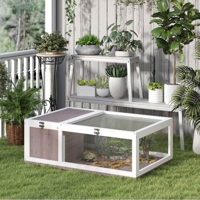 Maison pour tortue en bois et verre 91 x 60 5 x 32 cm avec 2 espaces côtés extensibles et dessus ouvrant