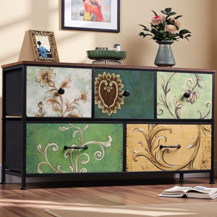 Buffet bas - Buffet de slaon 100x30x55.2 cm - Buffet avec 5 tiroirs - Métal noir - Style vintage industriel - Armoire haute