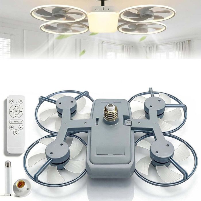 Ventilateur de Plafond avec Lumière et Télécommande50W LED Lampe Ventilateur E27 base et tige dextension3 VitessesGris
