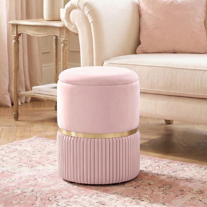 Pouf tabouret repose-pied coffre de rangement en velours côtelé 36 x 36 x 44 cm pour salon chambre rose