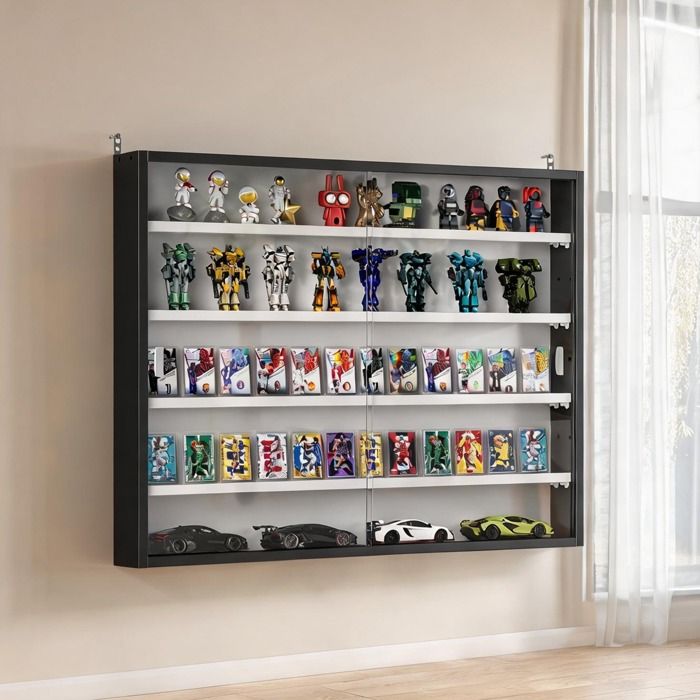 Vitrine murale contemporaine en panneau de particules noir 80 x 9 5 x 60 cm avec 4 étagères réglables et portes coulissantes en