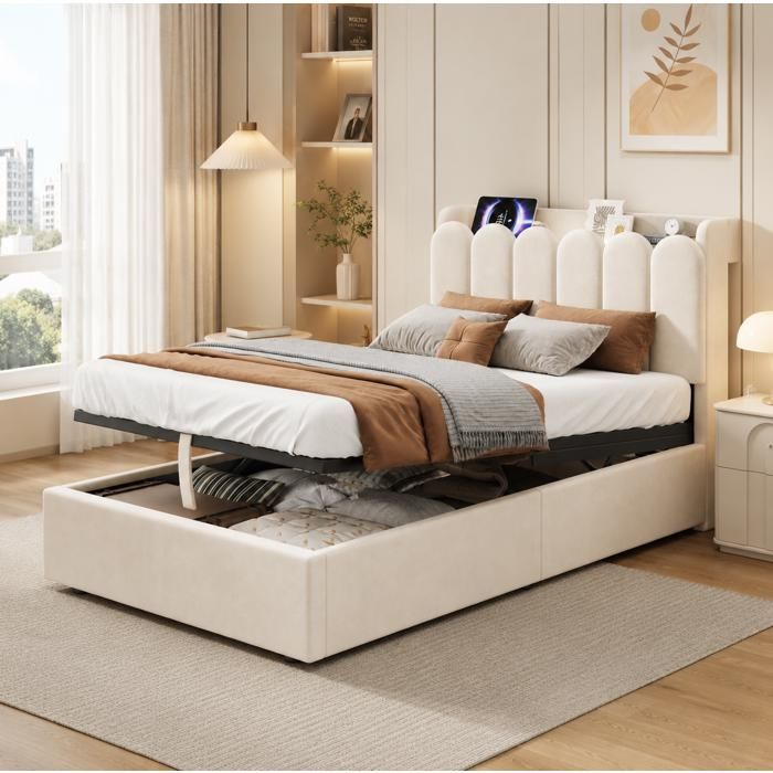 Lit coffre hydraulique 90 x 200 cm SENVIRO velours beige sommier inclus