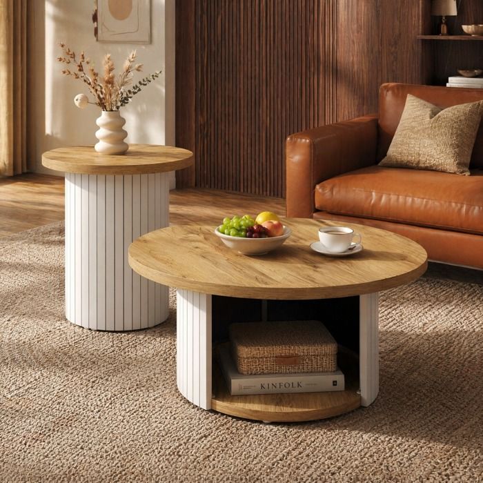 Table basse ronde lot de 2 avec rangement salon style scandinave MDF naturel et blanc modulable TYNQER