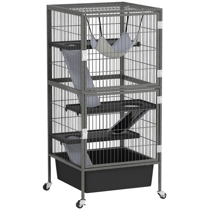Cage à 4 niveaux pour petits animaux avec rampes plateformes hamac et roulettes 52 x 52 x 115 cm grise