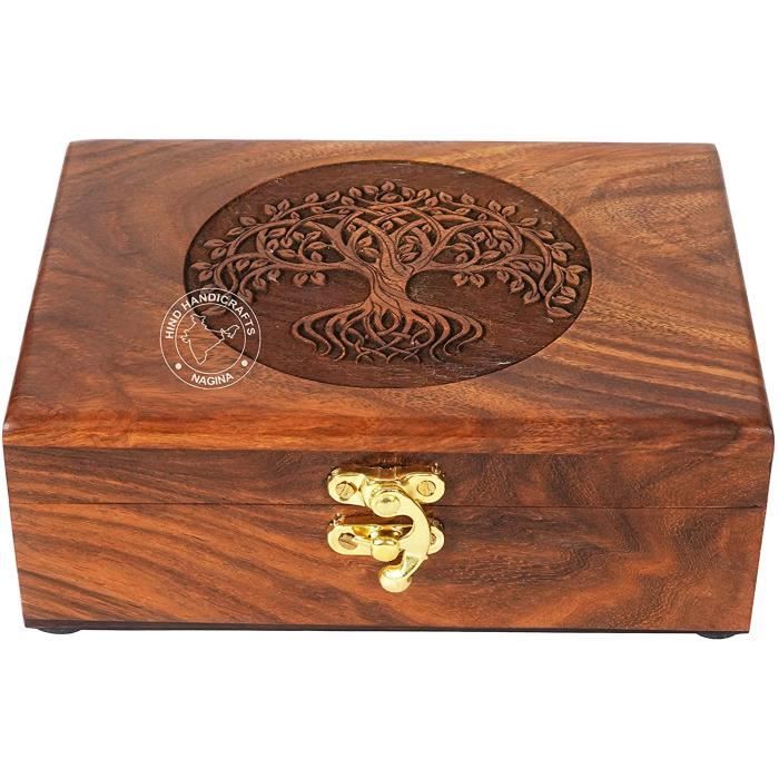 Boîte à bijoux en bois de rose faite à la main avec gravure arbre