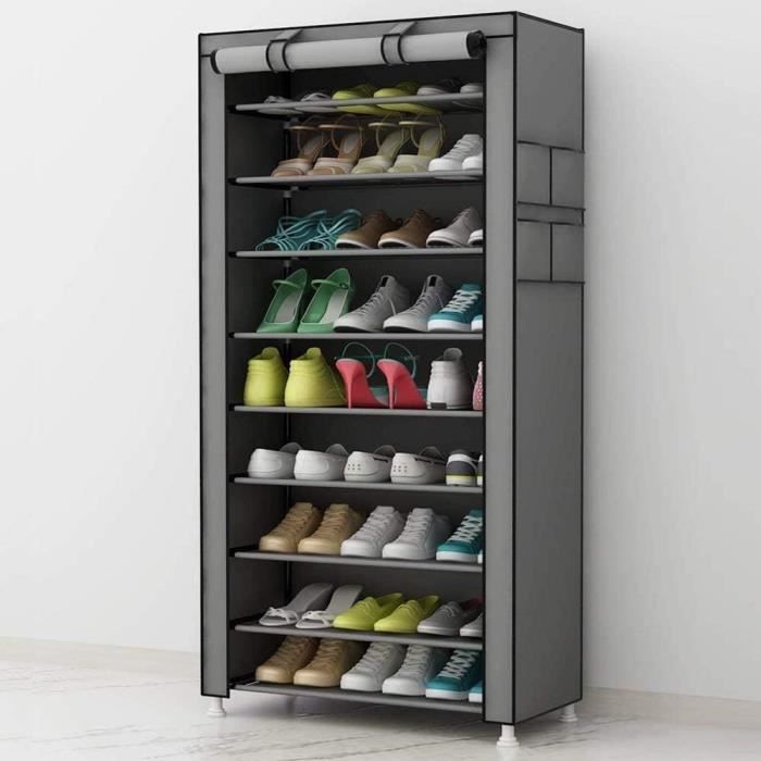 PrimeMatik Armoire De Rangement Chaussures Tissu 60x30x160cm Noire - 9 Étagères Porte Rouleau