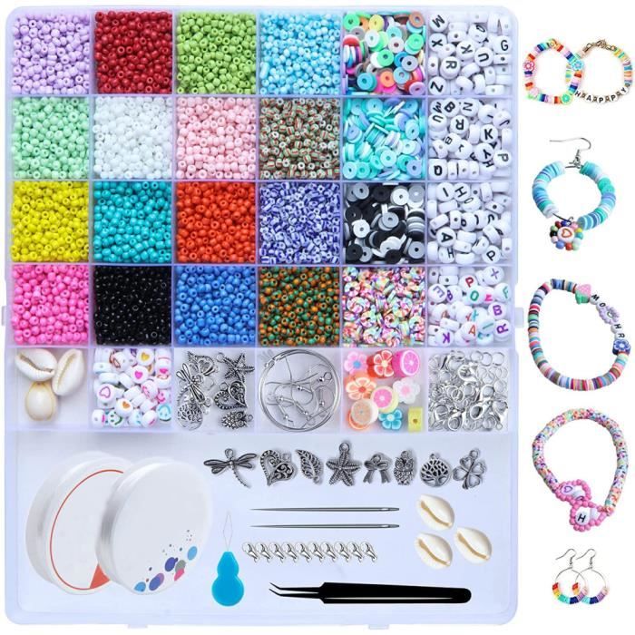 Jeu de creation bijoux,Perles pour bricolage Alphabet en céramique souple  Bracelet Collier Bijoux Set,cadeau pour enfants,10000 PCS