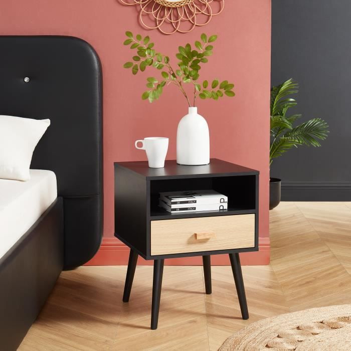 ULOS Table de chevet avec tiroir - décor noir et bois - L40cm