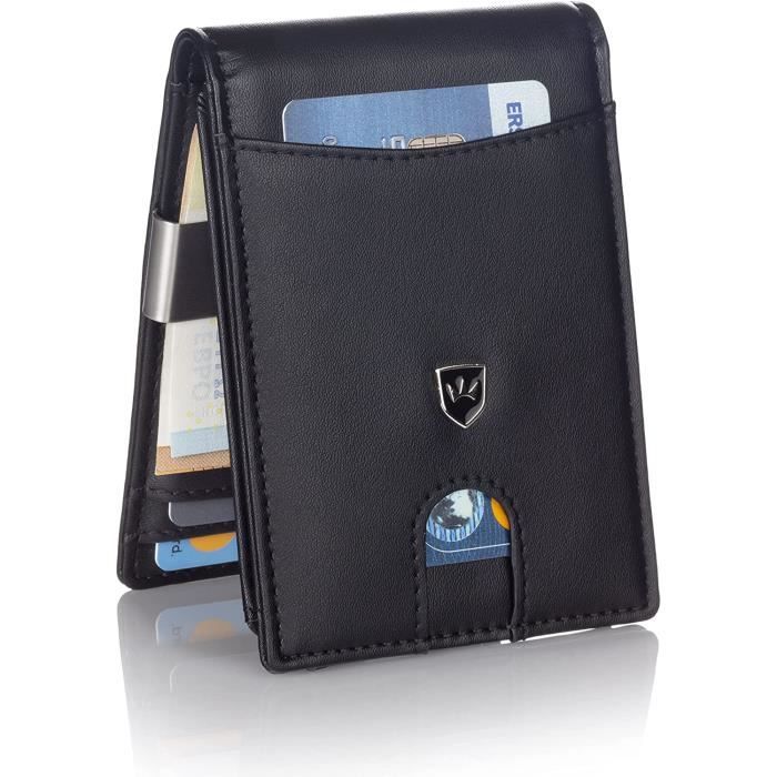 TENBST Portefeuille Homme Cuir Avec Clip à Billets - Blocage RFID - 11 Cartes - Design Ultra-fin Carbone Noir