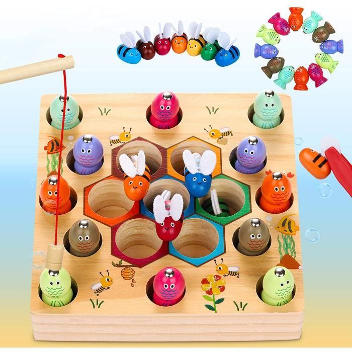 Jouets en bois jeu de pêche, 2 in1 jeux montessori en bois bebe puzzle pour  bébés développement de la motricité fine, abeilles - Cdiscount Jeux - Jouets