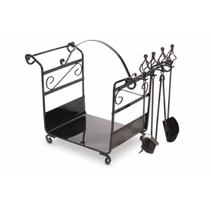 Serviteur porte bûches de cheminée en acier noir avec 4 accessoires 71x42x66 cm