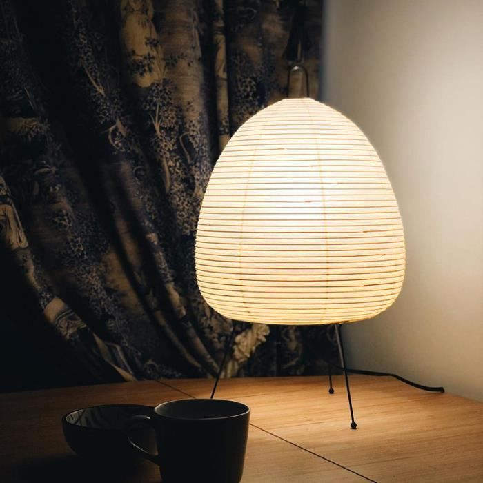 Lampe de table lanterne - Style japonais wabi-sabi - Papier de riz fait main - Trépied métal - E27 LED