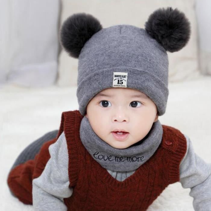 2pcs Bonnet Tricote Bebe Chapeau Chaude Hiver Chapeau De Pompon Au Crochet Bonnet De Ski Gris En Laine Chapeau Echarpe Cdiscount