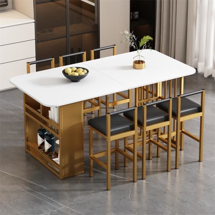 ensemble table de salle à manger(160x80cm) et 6 chaises, table et chaises en mdf blanc et cadre en fer, luxe - doré