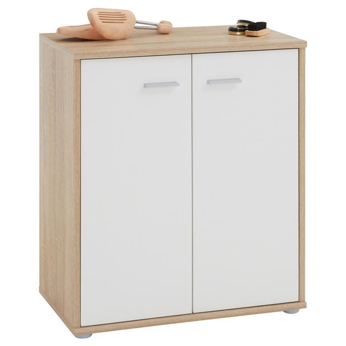 Meuble à chaussures OLYMPE commode meuble de rangement avec 2 portes en mélaminé décor chêne sonoma et blanc mat Meuble à chaussures OLYMPE commode meuble de rangement avec 2 portes en mélaminé décor chêne sonoma et blanc mat