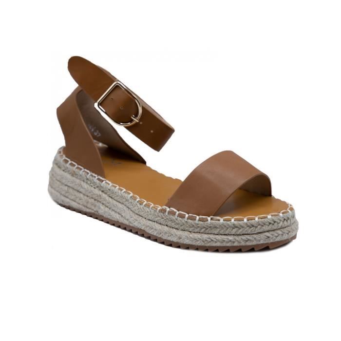 Sandales ete femme semi compen Marque Modele Corde compense Bride simple Simili cuir Camel Cdiscount Chaussures