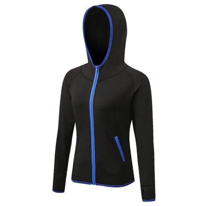 Femme Manches Longues Sport Running Hoodies Casual Zipper Shirts Hooded Slim Fit Sweat Veste Manteau Fitness Bleu