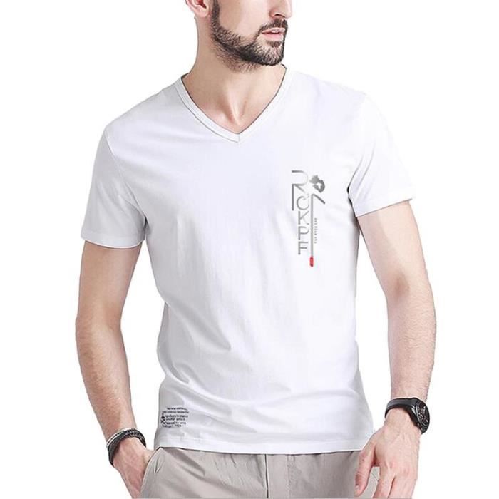 T Shirt Homme Col V Slim Fit en Coton a Imprime Uni INSFITY Blanc Cdiscount Pret a Porter