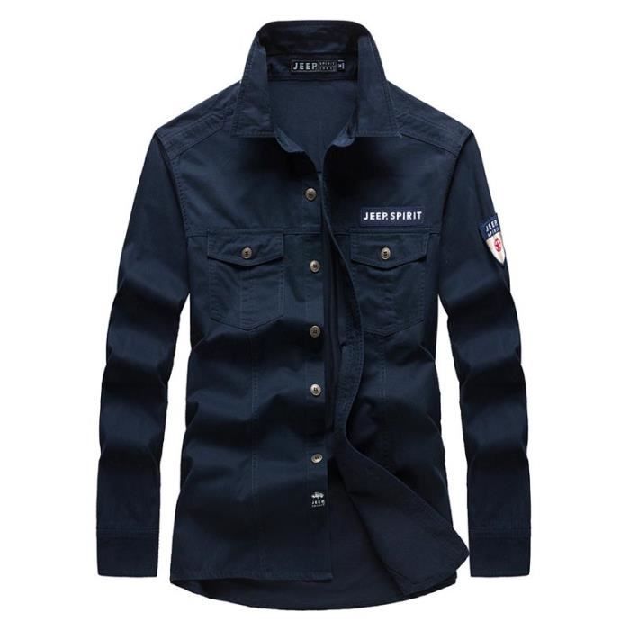 Homme Chemise Militaire Manches Longues Pur Coton Chemise Cargo Avec Poches Couleur Unie Bleu fonce Cdiscount Pret a Porter