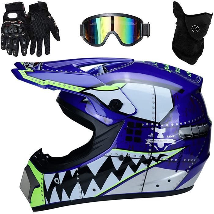Kit Sécurité Motocross Enfant - Casque Intégral DOT + Lunettes + Masque + Gants - Taille M (54-55 Cm) - Rouge