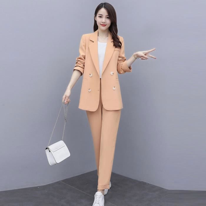 Veste Ensemble deux pieces Blazer et pantalon pour femmes costume de bureau Double boutonnage elegant manches Orange Suit Blanc Cdiscount Pret a Porter