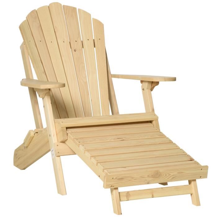 fauteuil de jardin adirondack pliable en bois de pin - outsunny - naturel - haut dossier incliné