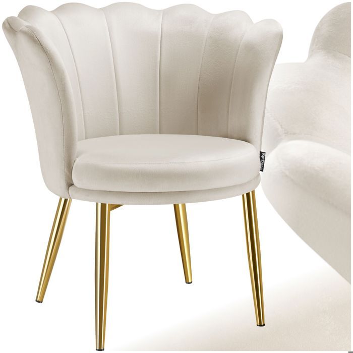 Chaise - TECTAKE - Fauteuil de bureau STELLA rembourré dossier en forme fleur avec revêtement velours 67 x 64 x 76 cm - Crème/Or