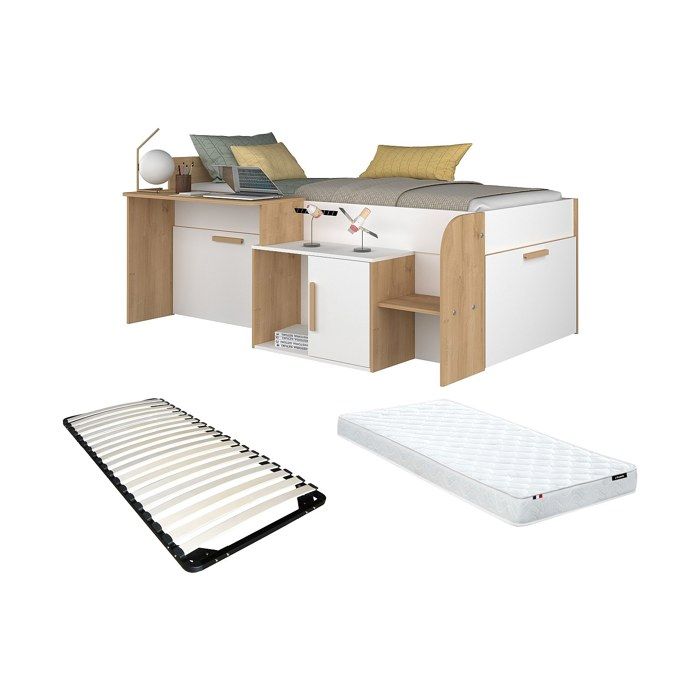 Lit combiné 90 x 200 cm avec bureau et rangements - Coloris : Blanc et naturel + Sommier + Matelas - PEDRO Lit combiné 90 x 200 cm avec bureau et rangements - Coloris : Blanc et naturel + Sommier + Matelas - PEDRO