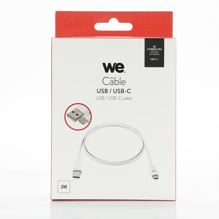 WE Câble USB C Plat 2m Réversible - Connecteur Ultra Résistant - Charge Rapide pour Samsung Huawei Nexus Sony - Bleu Blanc