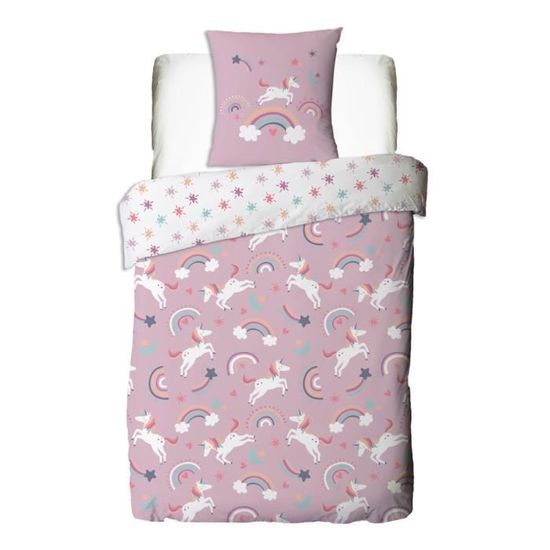 Drap-Housse Licorne Happy Linen - 90x190cm - Rose - Enfant 1 Personne - 52% Polyester/48% Coton