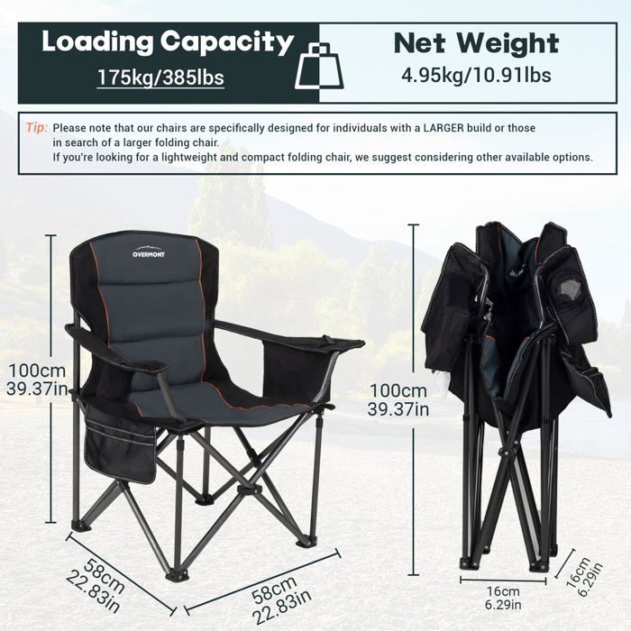 Chaise Pliante OVERMONT Ultralégère - Pour Camping Et Plage - Support 150kg - Sac Transport Inclus