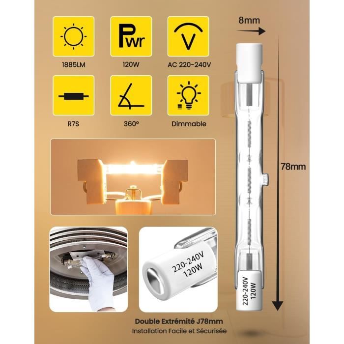 Ampoule Halogène R7s 78mm 100W 230V - Blanc Chaud 2800K, Dimmable, Neuve, Marque Bonlux