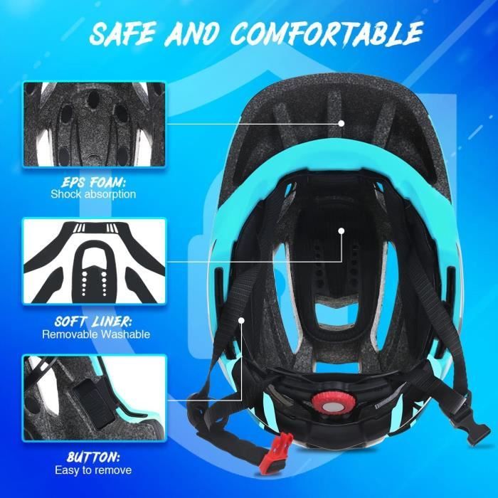 Casque De Vélo Intégral Pour Enfants/adolescents - Bleu, Avec Feu Arrière, Norme CE, Réglable