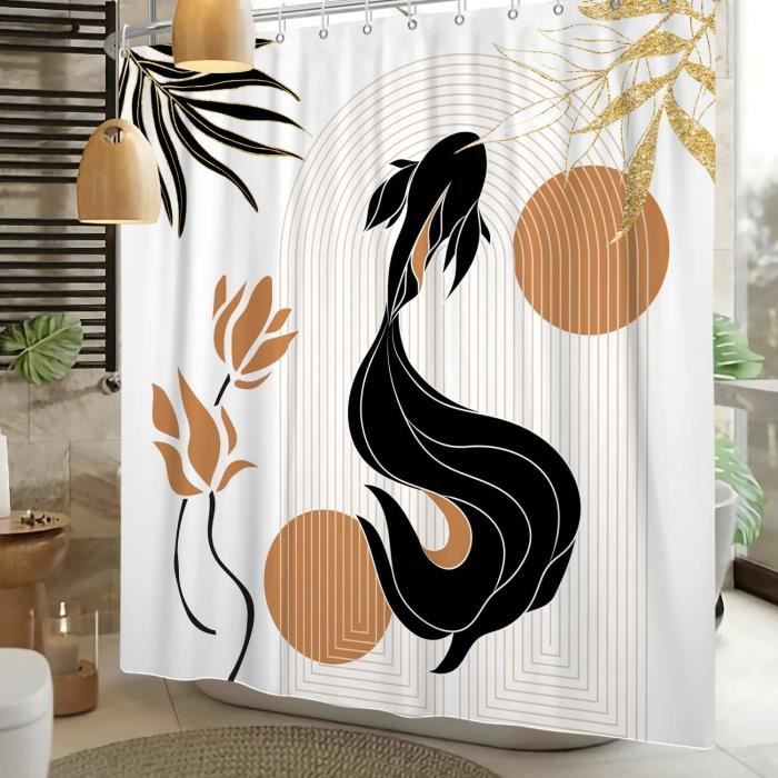 ASDCXZ Rideau de Douche 180x180 cm Style Boho, Art Abstrait Moderne Soleil Feuilles Vertes Ligne Lavables Textile Rideau Douche imperméable pour Baignoire avec 12 Crochets