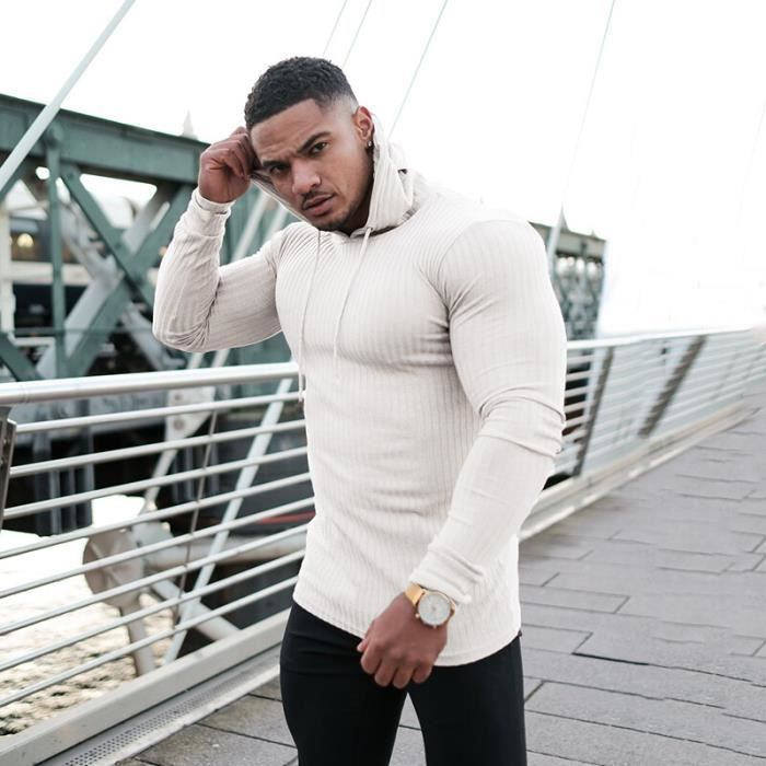 Pull a capuche chaud a col roule pour Homme Pull de sport Slim Pull de Gym printemps black hooded Blanc Cdiscount Pret a Porter