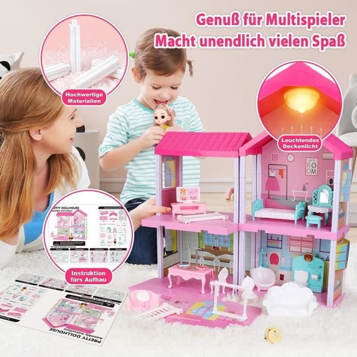 DeAO Kit Maison De Poupée Princesse 4 Étages 9 Chambres - DIY Avec Poupée, Meubles & Accessoires