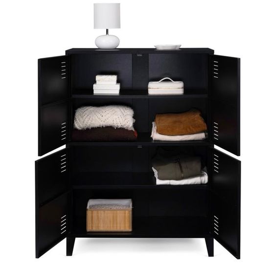 Meuble à Chaussures IDMarket ESTER 20 Paires - 4 Portes Métal Noir Plateau Bois Design Industriel
