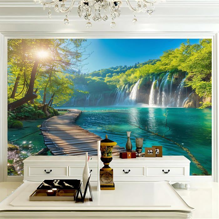 Papier Peint Mural 3D Cascade Pittoresque Avec Pont En Bois 400x280 cm ...