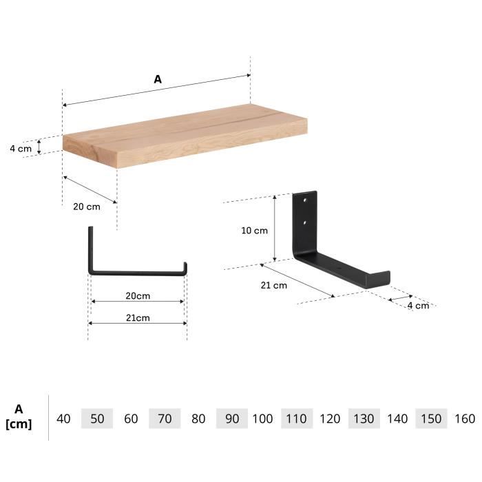 Lot 2 Étagères Murales Flottantes BONTEC 40cm - Support 10kg Noir Pour Salon Cuisine Salle De Bain