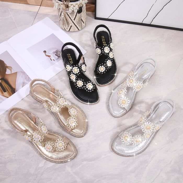 Femme Sandales Ete Plat Chaussures Strass de Plage Bout Ouvert