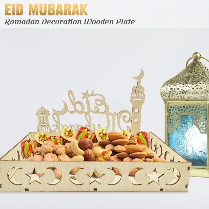 Plateau en Bois Ramadan et Eid Mubarak - Vaisselle Étoile de Lune avec Décoration (B